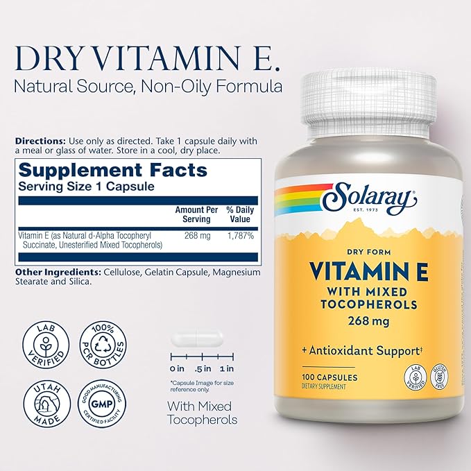 SOLARAY Vitamin E 400 IU (268mg), Dry Form - Natural Source, Mixed Tocopherols Vitamin E - Antioxidant Supplement, PMS and Menopause Support - 60-Day Guarantee, Lab Verified - 100 Serv, 100 Capsules