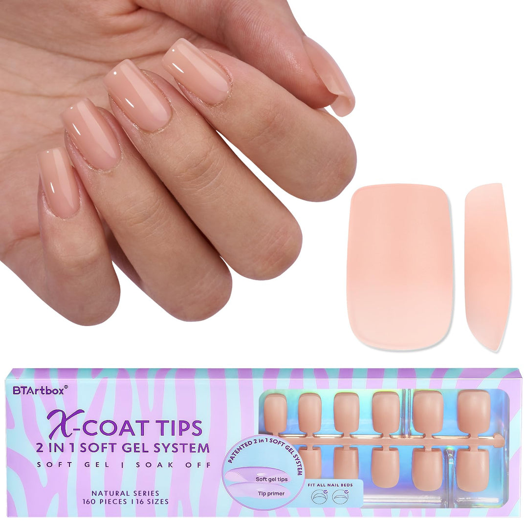 Btartboxnails Short Sqaure Gel Nail Tips - Pre Colored Soft Gel Nail Tips, Skin Tones Press On Nails, Natural Xcoattips Pre Appl