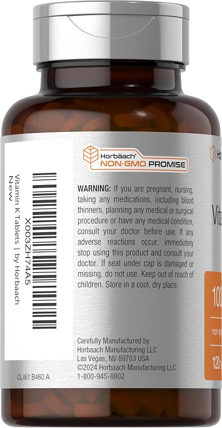 Horbäach Vitamin K Supplement | 100mcg | 120 Tablets | Vegetarian, Non-GMO & Gluten Free Supplement