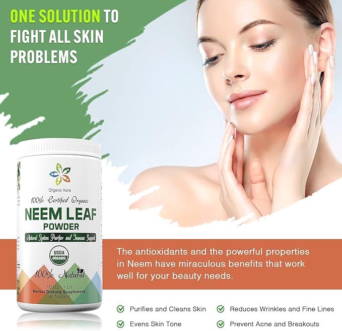 Organic Aura Neem Leaf Powder (Azadirachta Indica). 100% Pure Neem, Raw and Green. USDA Certified Organic Neem for Immune Support, Skin, and Hair. Naturall Source of Antioxidants and Detox.