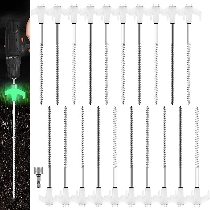 Hicarer 20 Pcs 8'' Screw in Tent Stakes Heavy Duty Ground Anchors Screw in Tent Pegs Ground Stakes Tent Spikes Metal Tent Spikes with Hex Head Driver for Camping Garden Canopies (Luminous White)