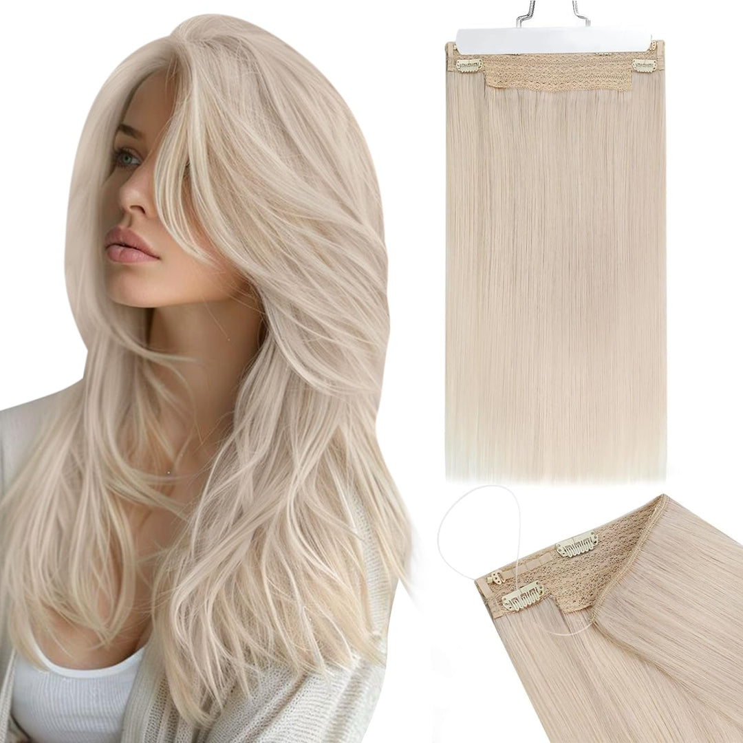 Ugeat Wire Hair Extensions Blonde Invisible Wire Extensions Human Hair Platinum Blonde Fishing Line Hair Extensions Real Human H