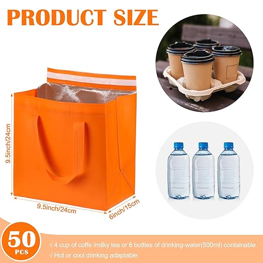50 Pcs Insulated Take Away Bags Bulk Thermal Insulation Food for Coffee Milk Tea Hot Cold Food Fresh Seafood Cooler Pizza Delivery Bags for Catering Restaurant Grocery (Orange)