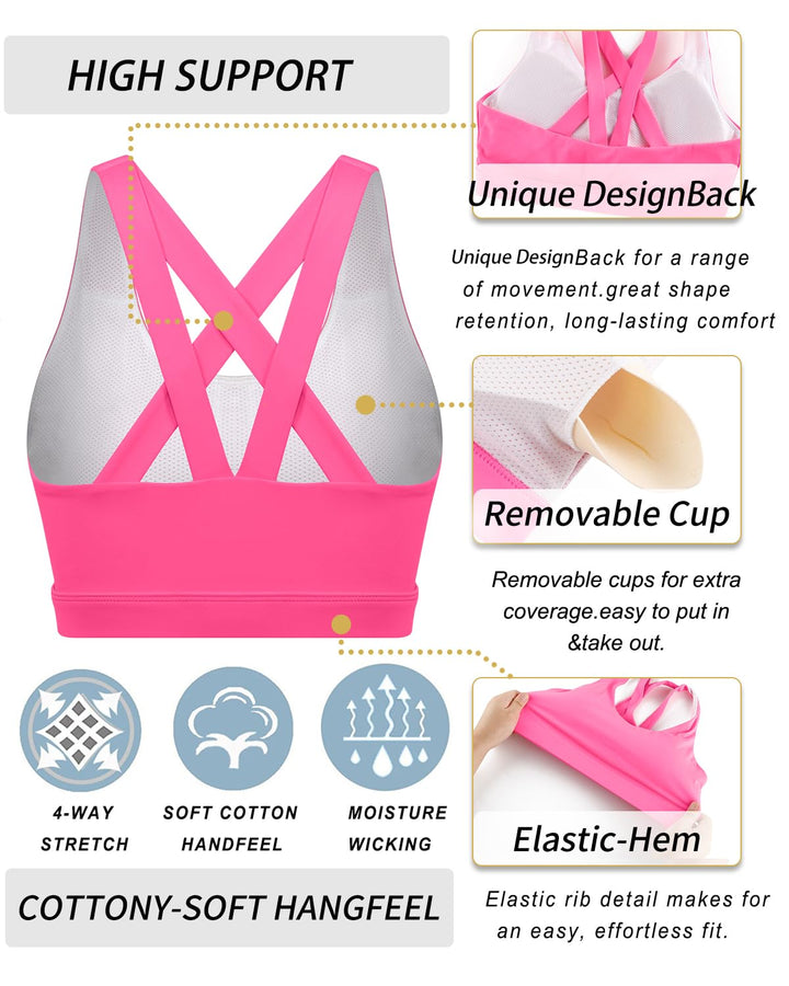RUNNING GIRL Sports Bra for Women, Criss-Cross Back Strappy Sports Bras Medium Support Yoga Bra with Removable Cups(2575_hot pink_S)