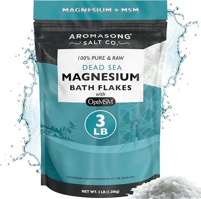 Aromasong RAW Magnesium Flakes + OptiMSM for Soaking 3 LB Resealable Pack - Muscle Relaxing Organic Bath Salts Magnesium Chloride Flakes, Mineral Soak.