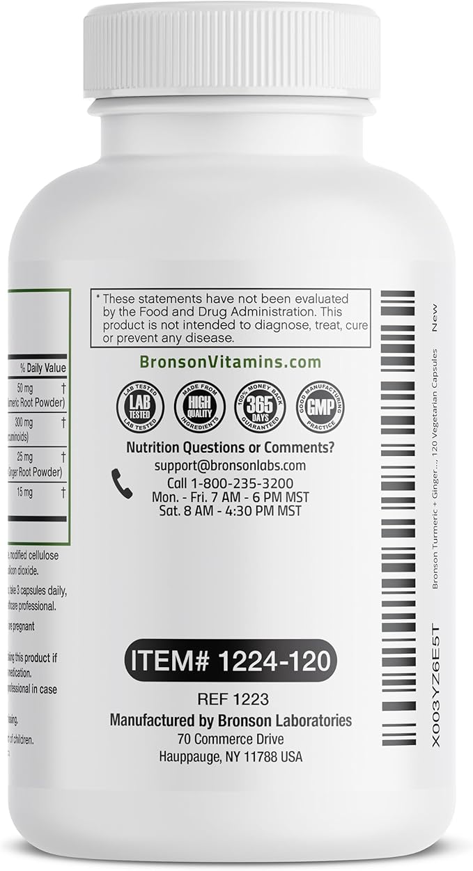 Bronson Turmeric + Ginger Extra Strength Joint Health & Digestion Support with BioPerine, Non-GMO, 120 Vegetarian Capsules