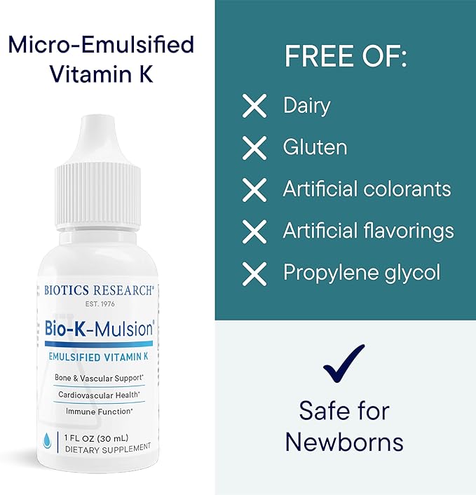 Biotics Research Bio K Mulsion Liquid Vitamin K Drops - 500 mcg/S - Vitamin K1 phytonadione for Adults - VIT K Supplement - Strong Bones, Heart Health, Blood Clotting Support, 1 fl oz
