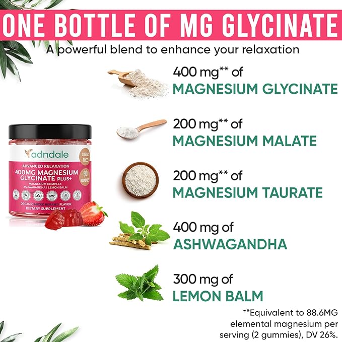 90 CT Magnesium Glycinate Gummies 400 mg/Serv - with Ashwagandha, Magnesium Malate & Taurate - Sugar Free Chews for Adults & Kids Relaxation, Stress Relief, Night Rest, Muscle & Cardio Support