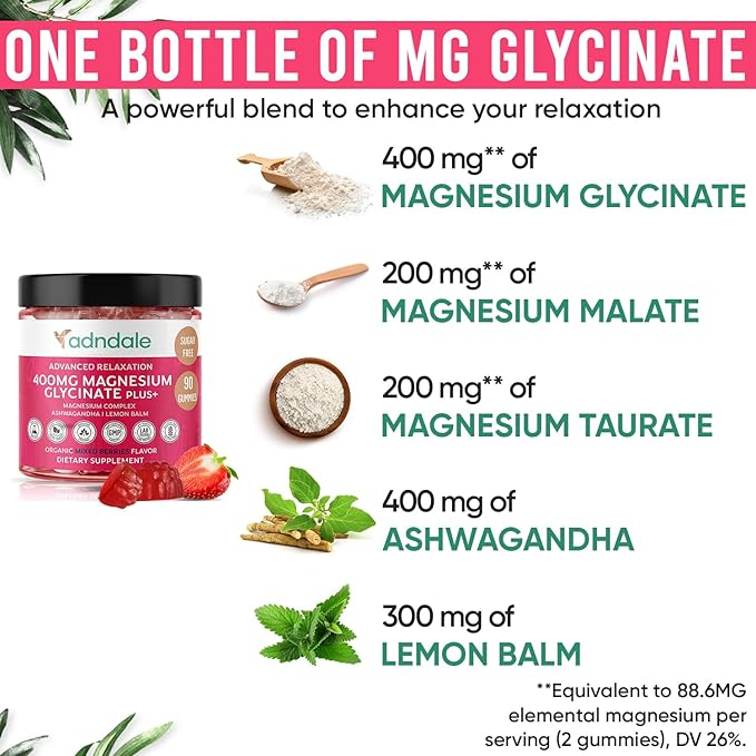 180 CT Magnesium Glycinate Gummies 400 mg/Serv - with Ashwagandha, Magnesium Malate & Taurate - Sugar Free Chews for Adults & Kids Relaxation, Stress Relief, Night Rest, Muscle & Cardio Support