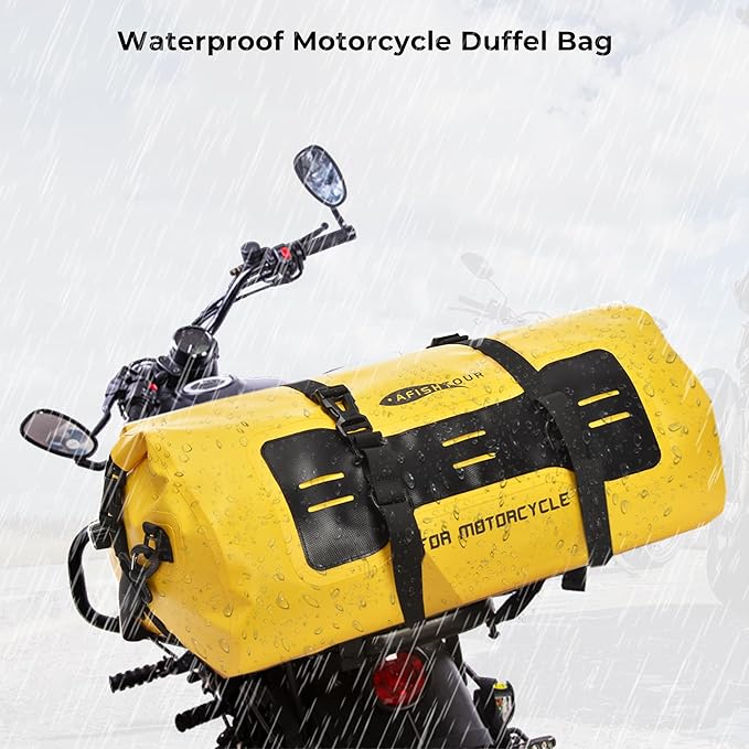 40L Waterproof Motorcycle Duffel Bag - Motorcycle Luggage Tail Bag with Straps for Back Seat - Roll Top Dry Bag for Kayaking, Rafting, Boating, Camping, Travel, Beach (Yellow)