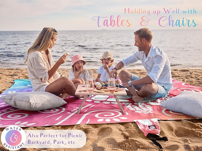 WEKAPO Beach Blanket Waterproof Sandproof Oversized Extra Large Sand Free Beach Mat with Stakes, Storage Bag - Essentials for Outdoor Beach, Picnic (Pinkish Purple Sea Turtle, 8 X 7 FT (1~4 Person))