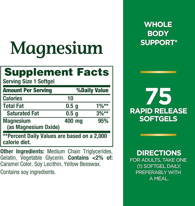 Nature's Bounty Magnesium, Whole Body Support, Supports Heart, Nerve and Bone Health. 400 mg, 75 Softgels (Pack of 2)