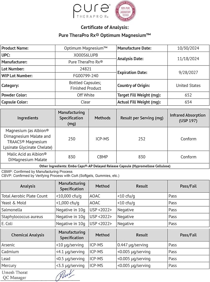 Pure TheraPro Rx Optimum Magnesium Lysinate Glycinate & Di-Magnesium Malate, Made in USA | 4 Month Supply | Chelated Magnesium for Maximum Absorption, Supports Bone Health & Energy, 240 Count