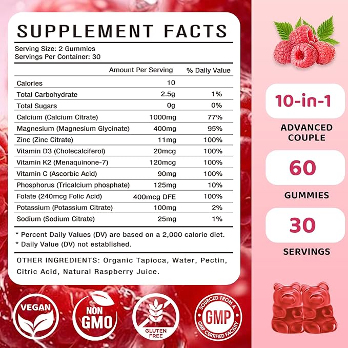 2 Pack Calcium Magnesium Zinc Gummies – Calcium with Vitamin D3 & K2, Calcium Citrate Gummies for Bone, Muscle, Calm & Zzz Support –High Absorption Magnesium, Raspberry Flavored, 120 Count