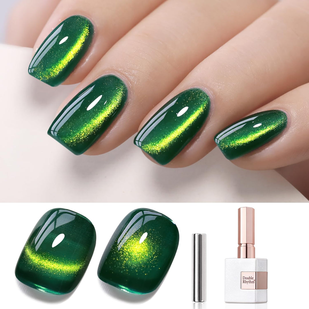 Double Rhythm Jelly Glass Cat Eye Gel Polish with Magnet 15ML Holographic Glitter Shimmer Translucent Sheer Color Magnetic Nail Polish Salon DIY at Home (Dark Green-MC1045)