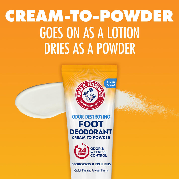 Arm & Hammer Cream to Powder Foot Deodorant, 24 Hour Protection Odor & Wetness Protection, Effective and Long Lasting Antiperspirant, Apply as Cream Dries to Powder