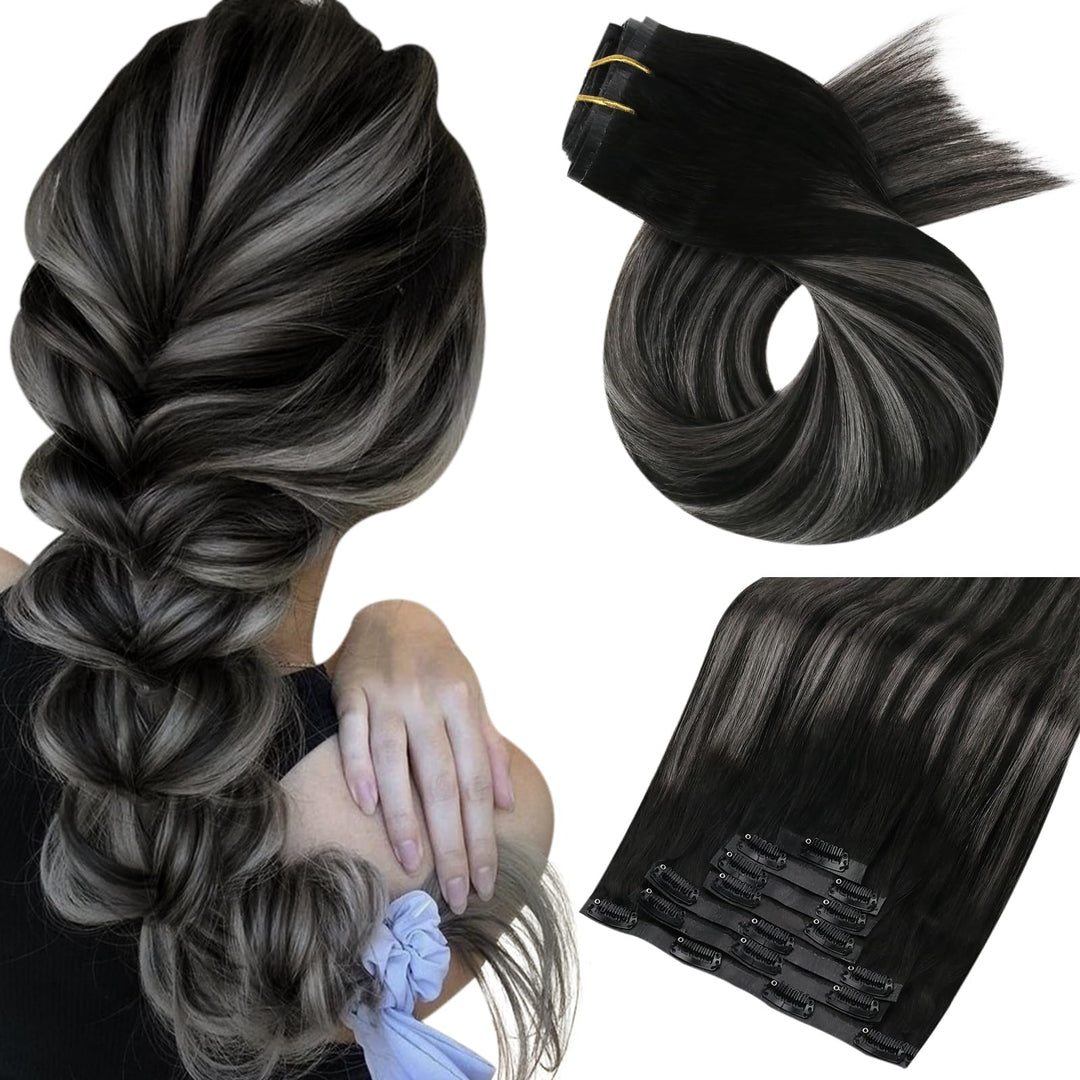 Moresoo Seamless Clip In Human Hair Extensions Ombre Black To Silver Pu Weft Clip In Hair Extensions Real Human Hair Balayage Bl