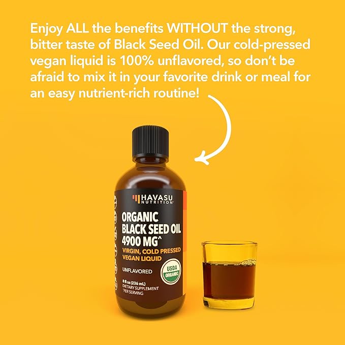 Organic Black Seed Oil Cold Pressed Liquid - 4900mg Black Cumin Supplement for Immune System Function, Digestive Support, Hair Nourishment & Overall Health - 8 Fl Oz - Unflavored, Non-GMO, Vegan