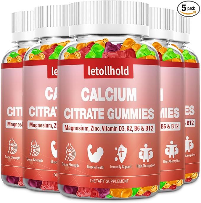 5 Packs Calcium Citrate Gummies for Kids & Adults, Sugar Free, Calcium Supplements with Vitamin D3, K2, Magnesium,Support Bone & Muscle