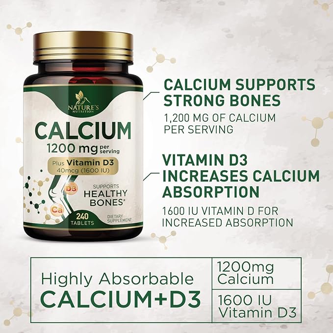 Calcium 1200 mg with Vitamin D3, Calcium Supplement Vitamins, Supports Bone Strength, Teeth & Immune System, Calcium Supplements for Women & Men, Nature's Absorbable Calcium Carbonate - 240 Tablets