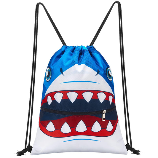 WAWSAM Shark Drawstring Backpack - Drawstring Bags for Boys Kids Swim Bag for Beach Swim Swimming Pool Draw String Bags with Zippered Pocket Waterproof Sports Gym Bag