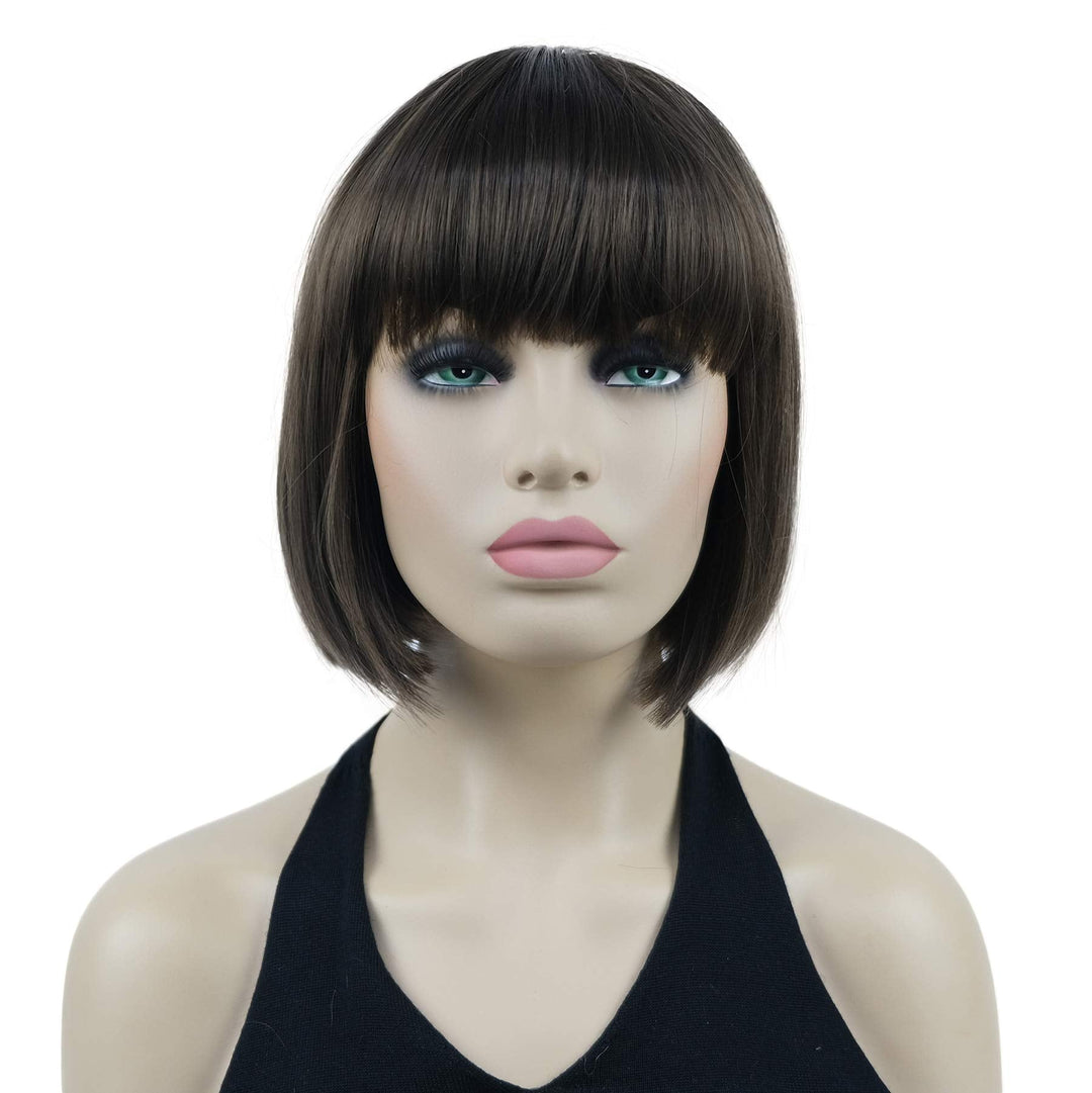 Lydell 8'' Straight Short Bob Hair Flat Bangs Cute Central Dot Skin Top Heat Resistant Synthetic Wigs (8 Light Chestnut Brown)