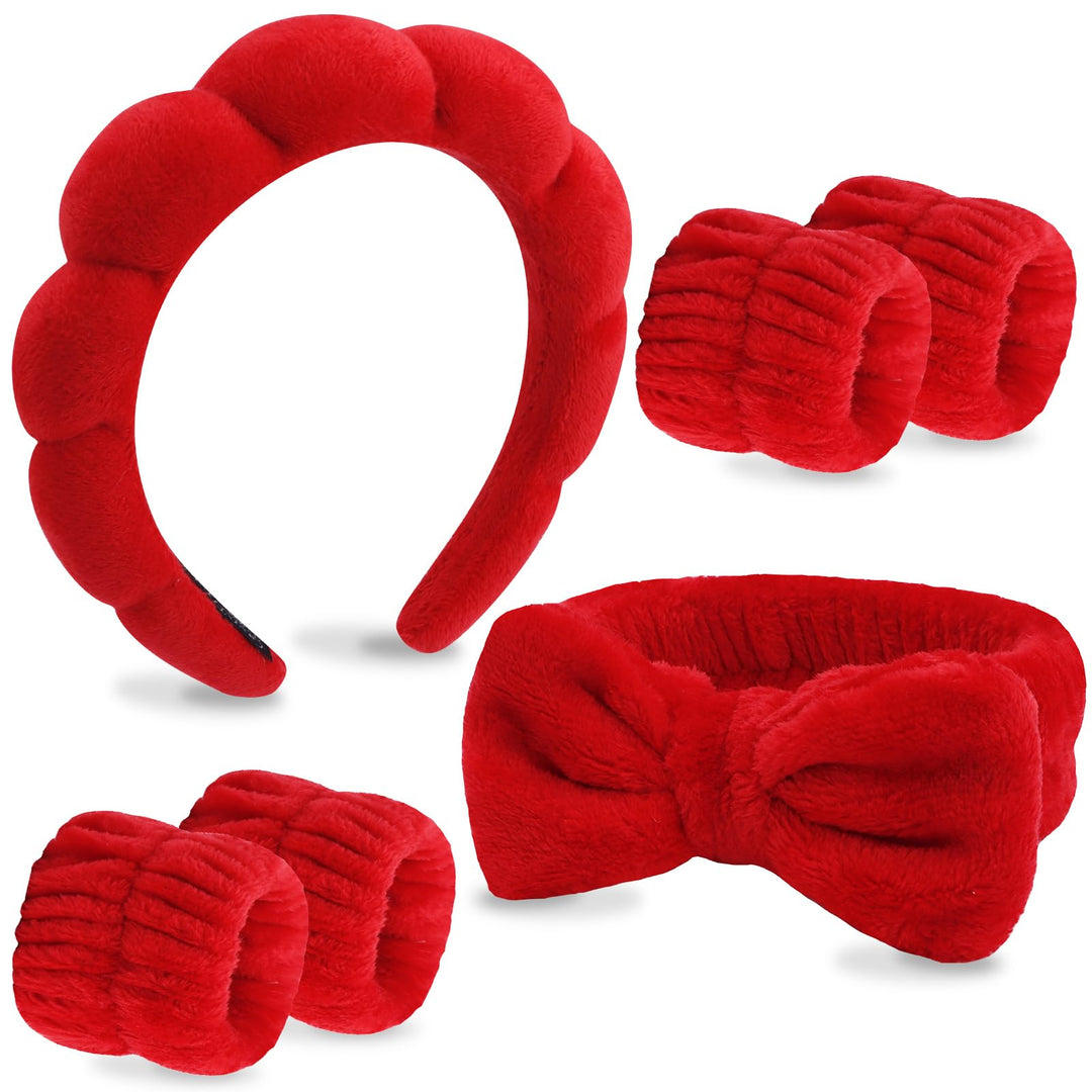 Velscrun 6 Pack Spa Headband, Makeup Headband, Face Wash Headbands, Skincare Headbands, Red Sponge Hair Band Bow Tie Spa Head Band for Washing Face Wristband Set Hair Accessories for Women Girls Gifts
