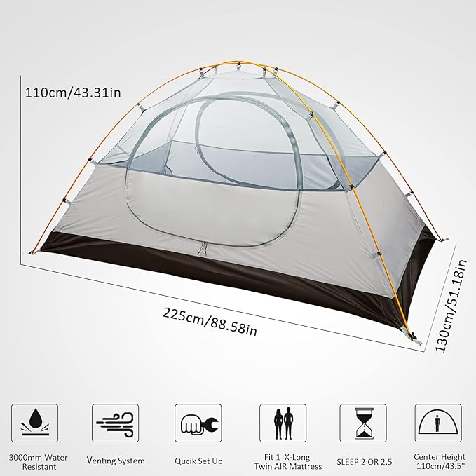 Bessport Camping Tent 1/2 Person Tent Waterproof Two Doors Backpacking Tent Easy Setup Lightweight for Outdoor, Hiking Mountaineering Travel