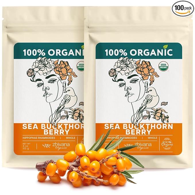 Organic Sea Buckthorn Berry Tea (PACK OF 2) - Seaberries Dried (Espino Amarillo) - Rich in Omega Fatty Acids, Antioxidants - Superfood Berries for Tea, Cooking & Baking