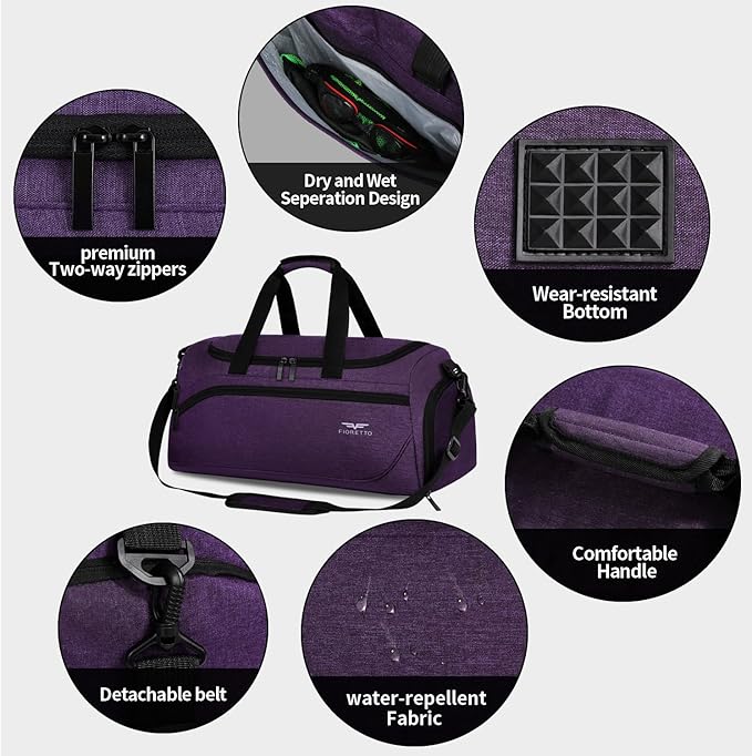 FIORETTO 35L Mens Sports Gym Duffle Bag with Wet Pocket & Shoe Compartment, Overnight Weekender Bag with Padded Shoulder Strap, Ideal for Travel, Gym, Sports, Swimming, Purple