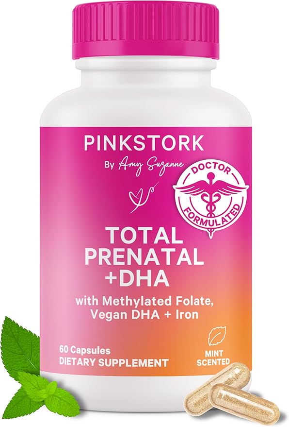 Pink Stork Total Prenatal Vitamins with DHA, Folate, Iron, Choline, and Vitamin B12 - Preconception Nutrition - Prenatals for Women, Pregnancy Must Haves - Mint Essence, 60 Capsules, 1 Month Supply