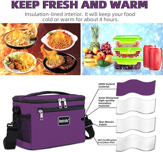 BEIMILY Lunch Box for Men/Women,Small Insulated Lunch Bag,Reusable LunchBox for work Picnic Beach,Leakproof Soft Cooler Tote Bag Organizer with Adjustable Shoulder Strap for Adults(Dark Purple)