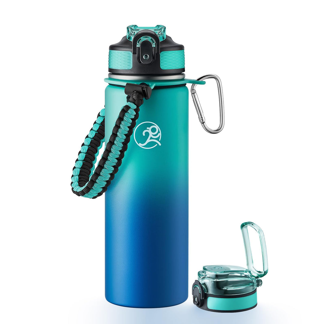 GOSWAG Insulated Sports Water Bottle, 24oz 2 Lids(with Straw/No Straw), Stainless Steel Water Bottles with Paracord Handle, Insulated Thermos with Double-Wall Vacuum Insulation
