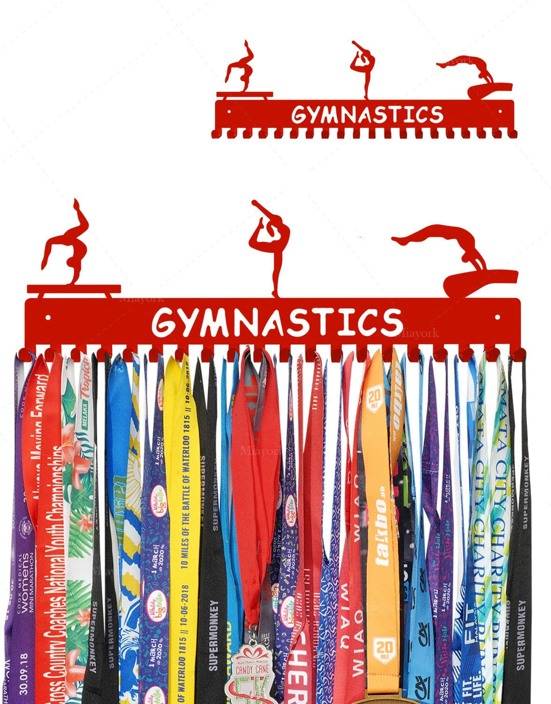 Miayork Red Gymnastic Medal Hanger Display Ribbon Hanger Rack for More medals-Easy Installation Easy to Use with 20 hanging hooks-Gymnastics Medal holder for Girls- Medal Hanger Display Upgraded