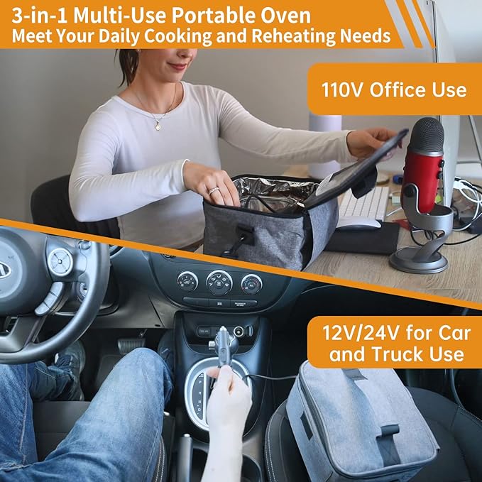 Aotto Portable Oven, Electric Lunch Box Food Heater - 12V/24V/110V 3-in-1 Car Food Warmer - Heated Lunch Box for Adults - Cook, Reheat & Keep Meals Warm for Car, Truck, Travel, Work, Home - Grey