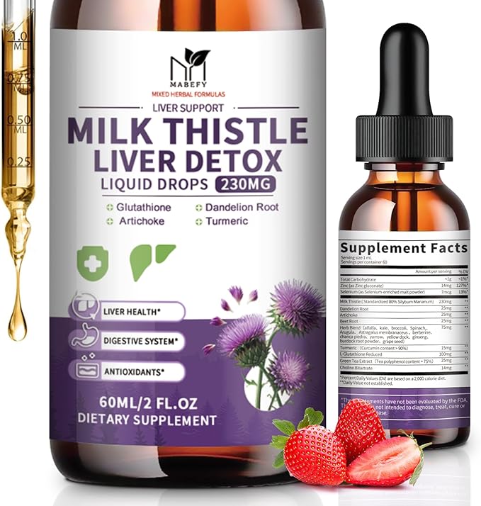 Milk Thistle Supplement, Liver Cleanse Liquid Drops Silymarin 230mg for Liver Repair, Antioxidant Support, Kidney Health Support with Dandelion Root, Turmeric, Glutathione - 2Fl Oz