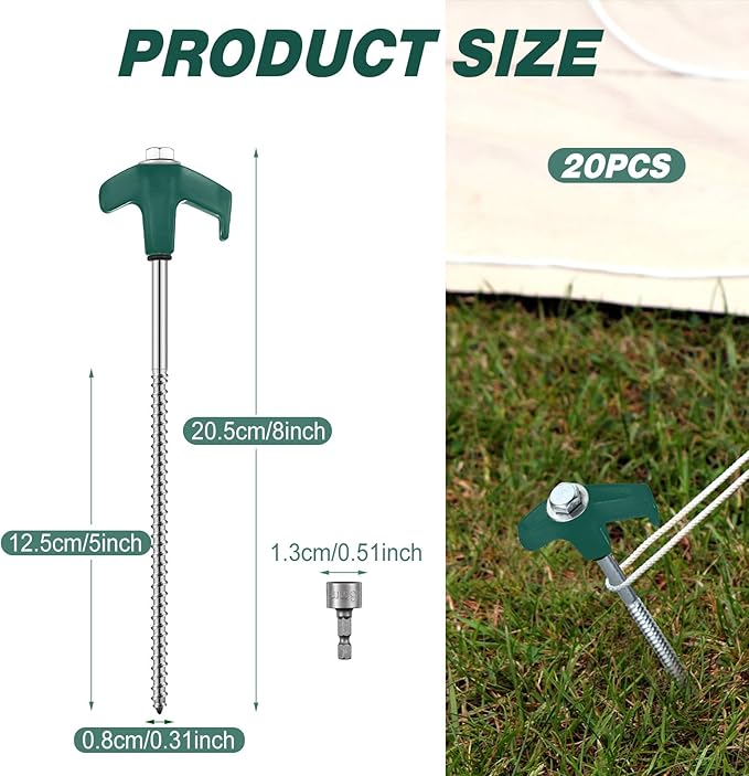 Hicarer 20 Pcs 8'' Screw in Tent Stakes Heavy Duty Ground Anchors Screw in Tent Pegs Ground Stakes Tent Spikes Metal Tent Spikes with Hex Head Driver for Camping Garden Canopies (Dark Green)