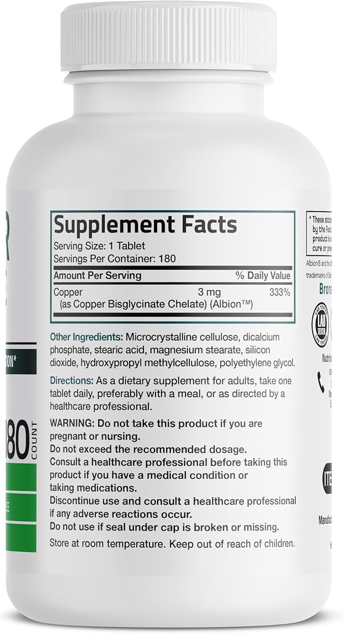 Bronson Copper Glycinate 3mg Chelated Superior Absorption Non-GMO, 180 Vegetarian Tablets