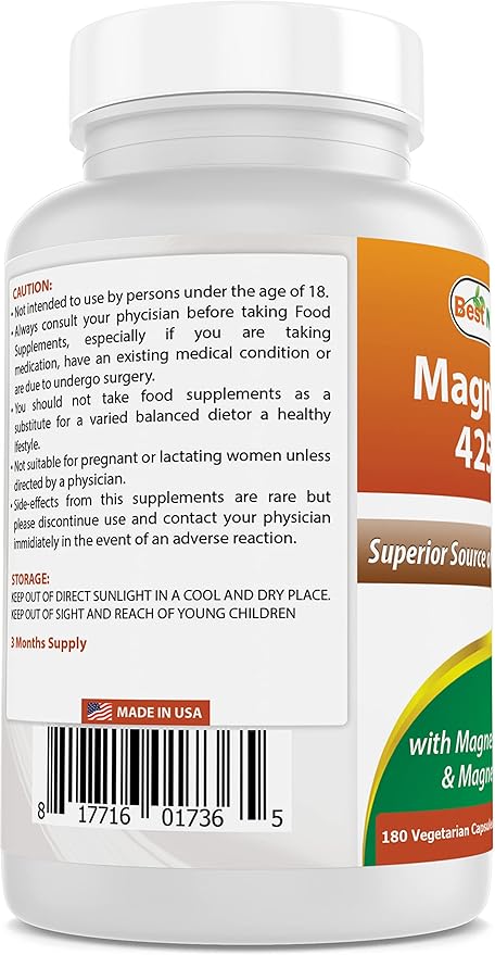 Best Naturals Magnesium 425 mg 180 Veggie Capsules - High Absorption Magnesium Glycinate & Magnesium Oxide Chelated, Non-GMO, Gluten Free Muscle Relax (180 Count (Pack of 1))