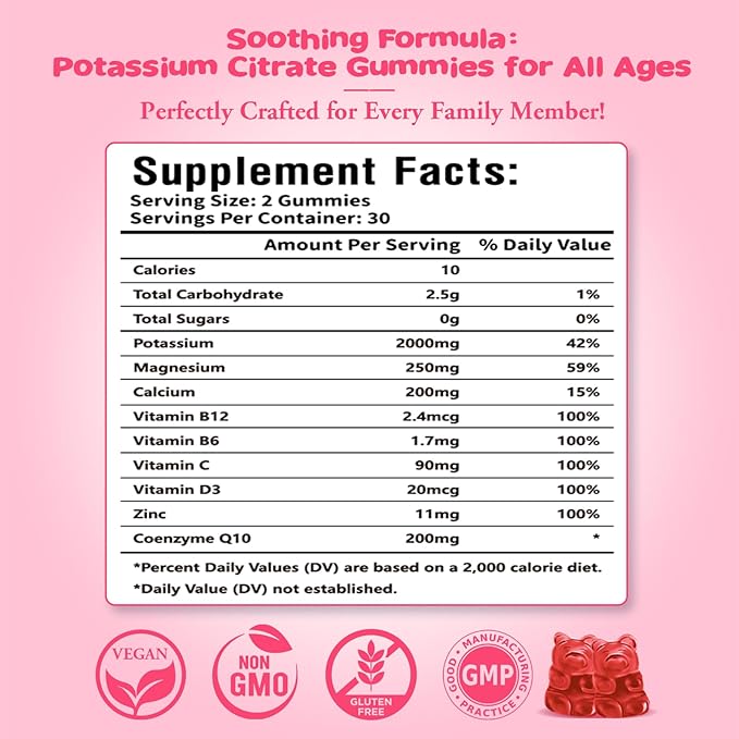 Potassium Citrate Gummies – Potassium Supplement for Muscle Health, Leg Cramp Relief & Electrolyte Balance, Vegan, Non-GMO, Gluten-Free, Raspberry Flavor, 60 Count