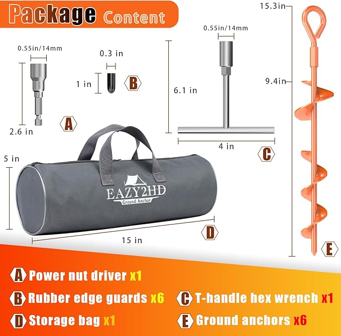 15 Inch Ground Anchors Screw in, 6 Pack Heavy Duty Tent Stakes with T Handle Hex Wrench and Power Nut Driver, Upgraded Metal Trampoline Stake Spiral Anchor Kit for Camping Tent, Swing Set, Canopy