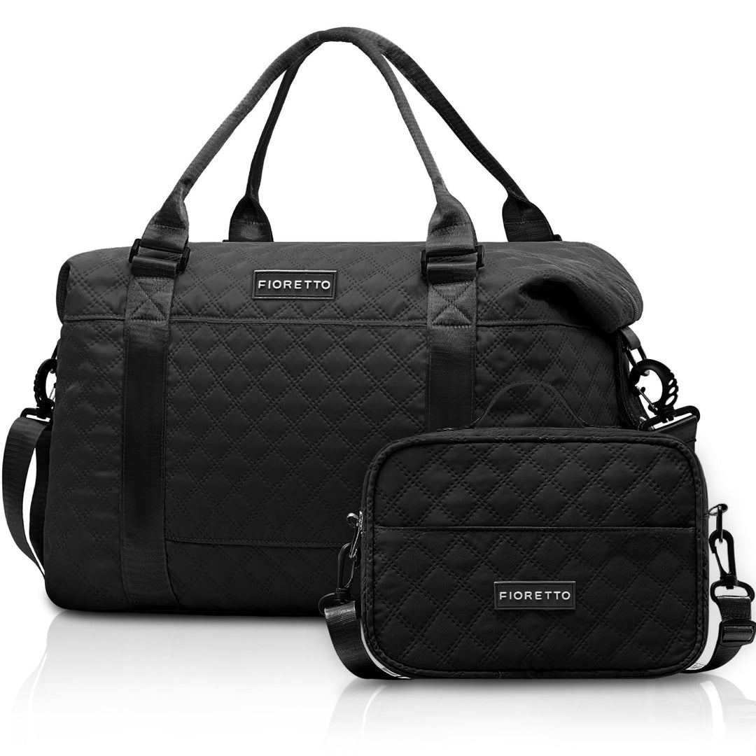 FIORETTO Women's Water-Resistant Travel Gym Duffle Bag with Detachable Strap, Multi-Functional, Ideal for Travel, Gym, Sports, Weekender, DUffel, with Toiletry Bag, Black
