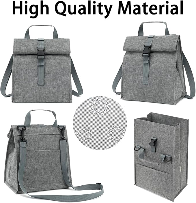 Insulated Lunch Bag for Men/Women/Kids, Roll top Reusable Lunch Box with Adjustable Shoulder Strap, Thermal Lunch Cooler Tote Container for Adults/Teens School Work Office Picnic,Grey