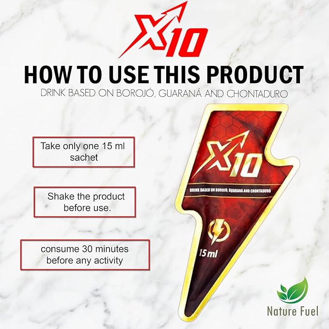 X10 Natural Supplement - Chontaduro, Guarana, and Borojó Blend | 15ml Sachets (7-Pack) | Plant-Based Energy Support.