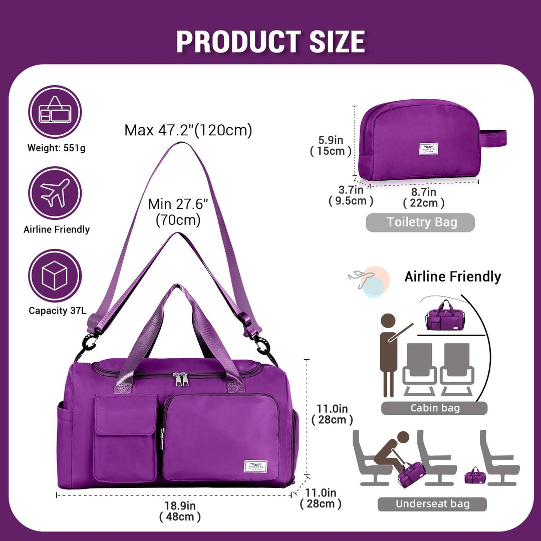 FIORETTO Women's Water-Resistant Gym Duffle Bag with Shoes Compartment, 37L Capacity, Multi-Functional, Ideal for Travel, Gym, Sports, Weekender, with Toiletry Bag, Violet