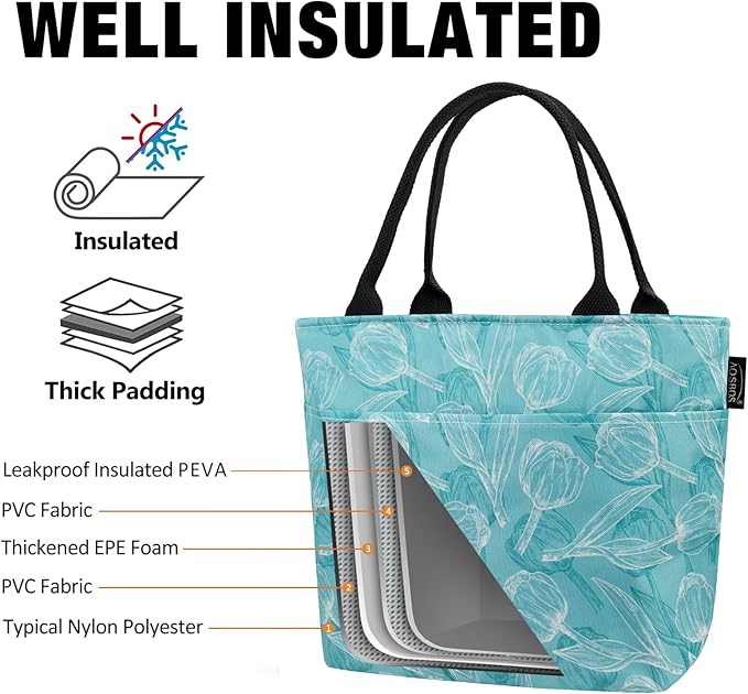 Aosbos Women's Reusable Lunch Bag - Leakproof Insulated Cooler Lunch Box Lunch Tote Meal Prep Container Lunch Cooler Bags, Green Tulip