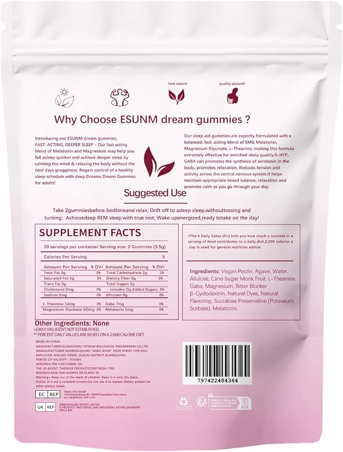 Deep Dream Sleep Gummies with 5mg Melatonin, Magnesium, Glycinate, L-Theanine for Sleep Support- Non-Habit Forming Sleep Supplement,60 Gummies, 30 Day Supply