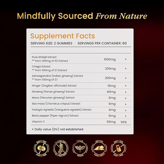 Pure Himalayan Shilajit Gummies Gold Grade Shilajit Riched with Ashwagandha Fulvic Acid & 85+ Trace Minerals - No Added Sugar - Individually Wrapped - for Men & Women - 60 Gummy