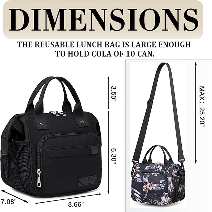 TuErCao Small Lunch Bag Lightweight Insulated Lunch Box for Women Work Portable Soft Cooler for Picnic Travel Road Trips, Loncheras para Mujer, Black