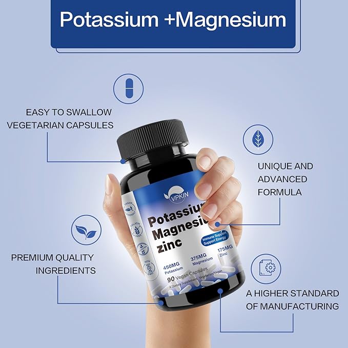 Potassium Magnesium Supplement 1000mg,High Absorption Magnesium Potassium Zinc Aspartate (90 Capsules)